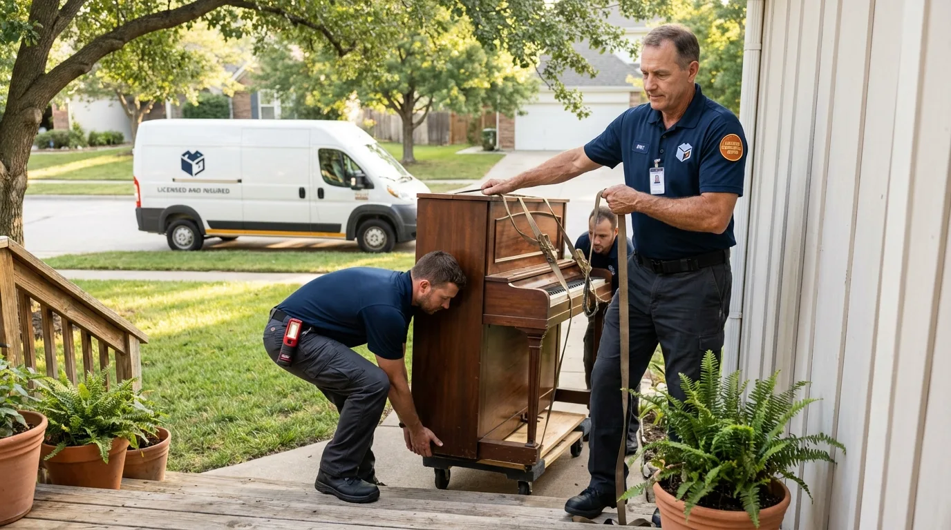 Licensed piano movers securing grand piano in Royal Oak, MI