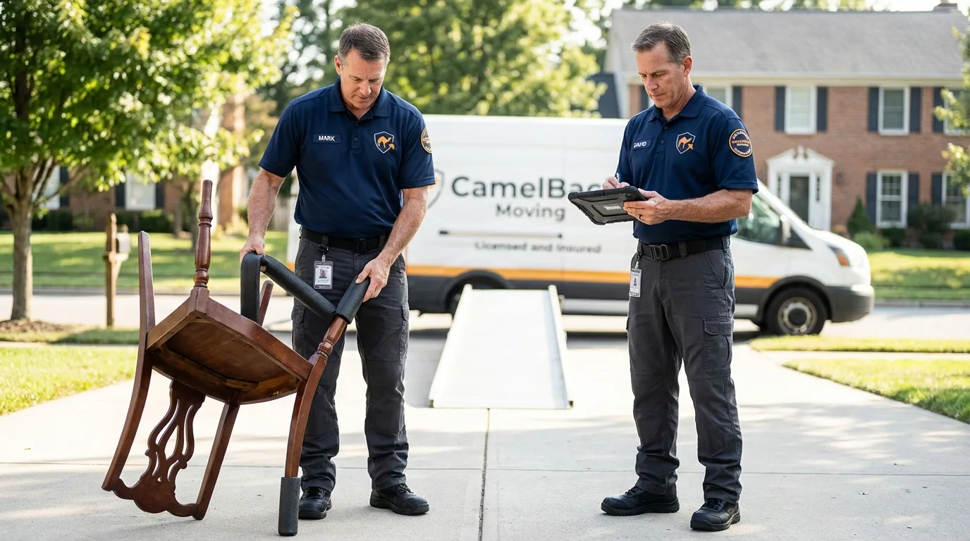 Movers inspecting furniture for damage prevention before loading in Royal Oak, MI