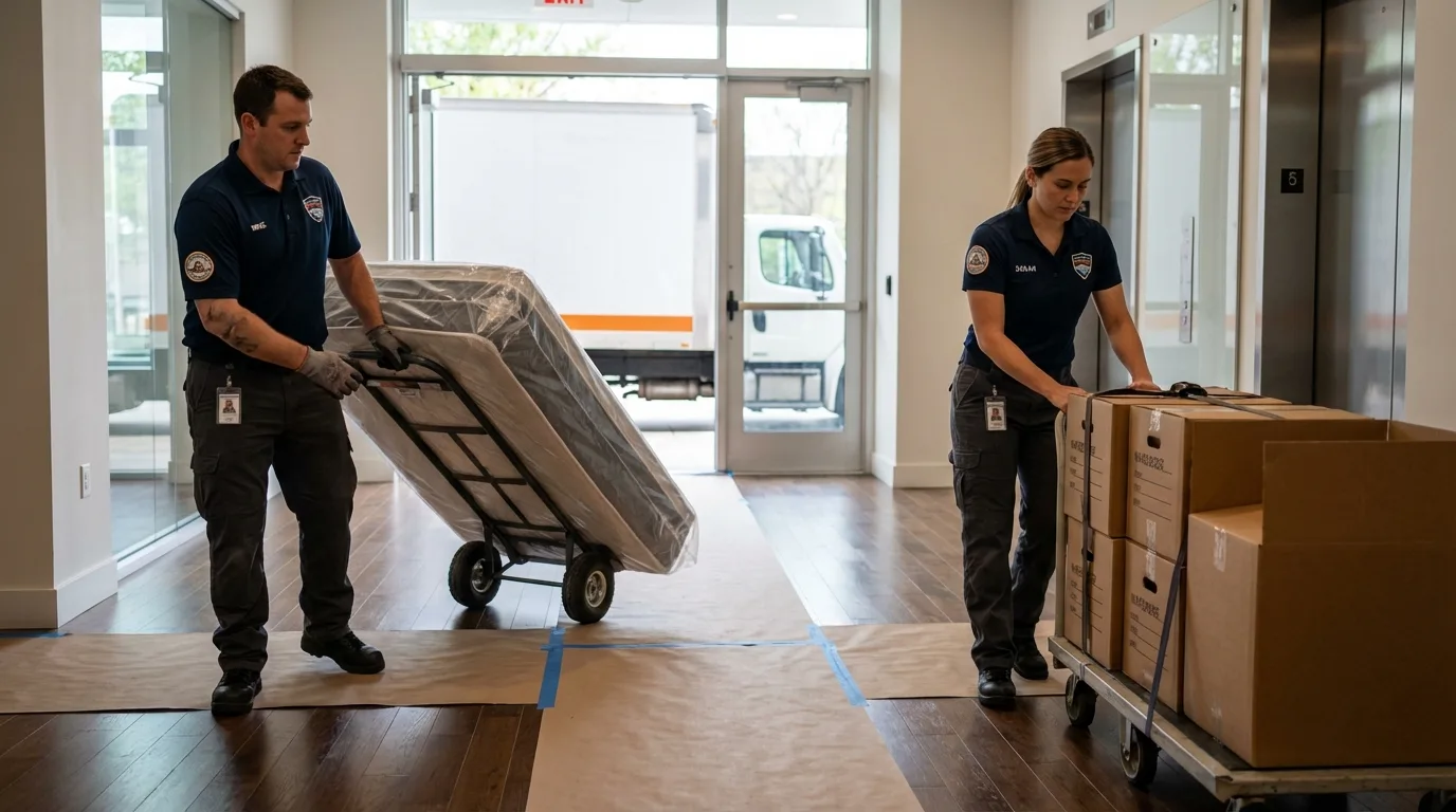 Professional apartment movers loading elevator in Royal Oak, MI